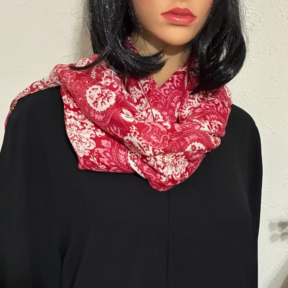 Red & White Baroque Floral Scarf Wrap – 27” x 72” Lightweight Fringe Shawl